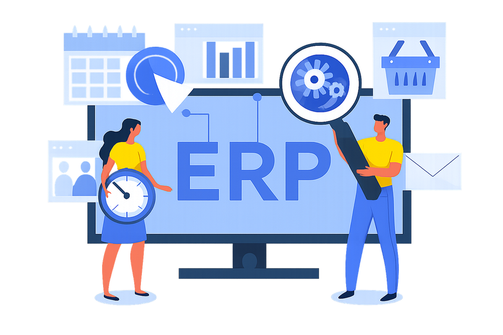 ERP solution illustration showing integrated business modules